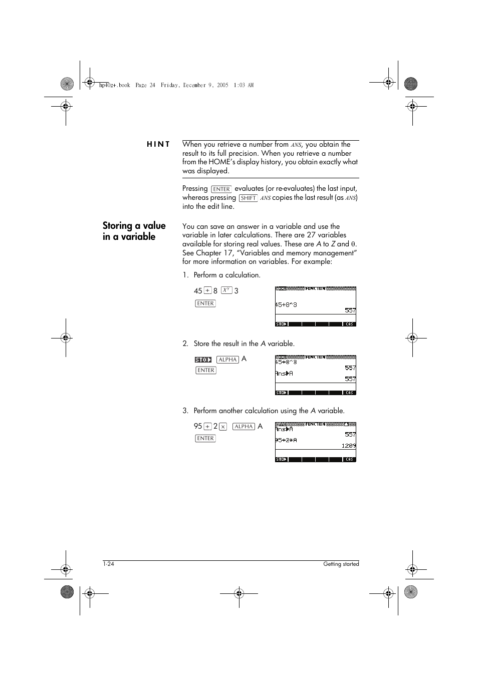 Storing a value in a variable | HP 40gs User Manual | Page 36 / 444