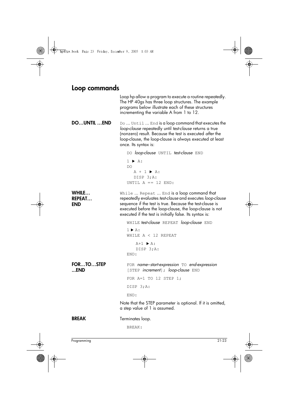 Loop commands | HP 40gs User Manual | Page 371 / 444