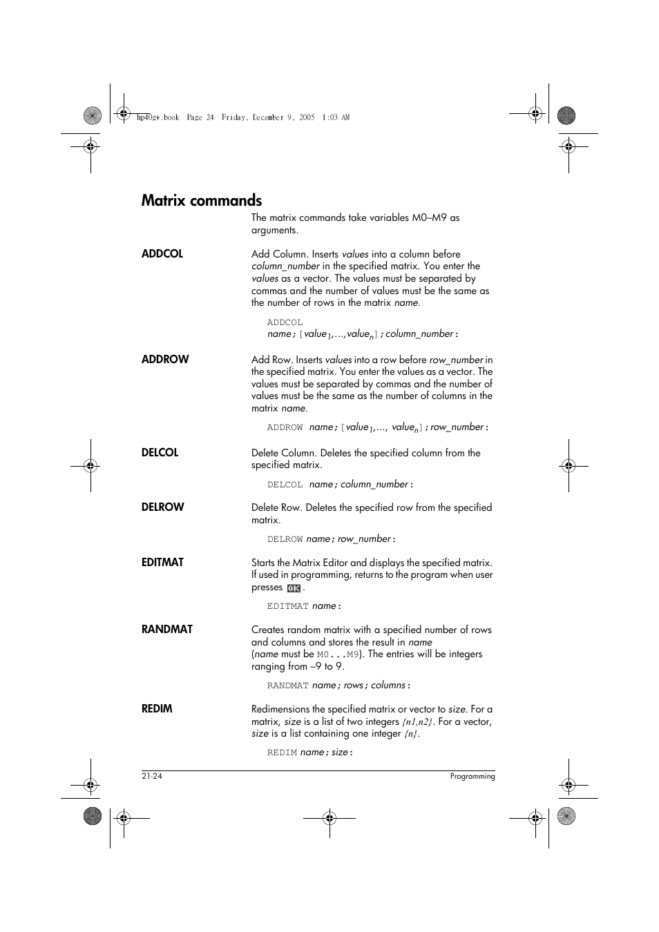 Matrix commands | HP 40gs User Manual | Page 372 / 444