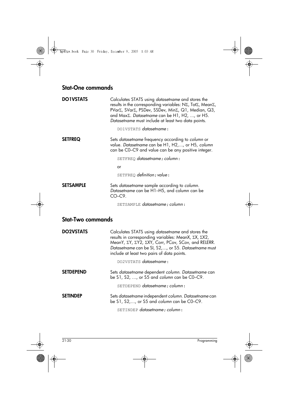 Stat-one commands, Stat-two commands | HP 40gs User Manual | Page 378 / 444