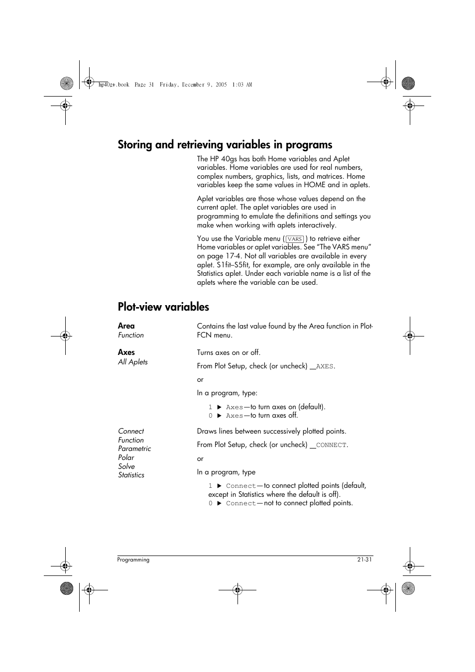 Storing and retrieving variables in programs, Plot-view variables | HP 40gs User Manual | Page 379 / 444