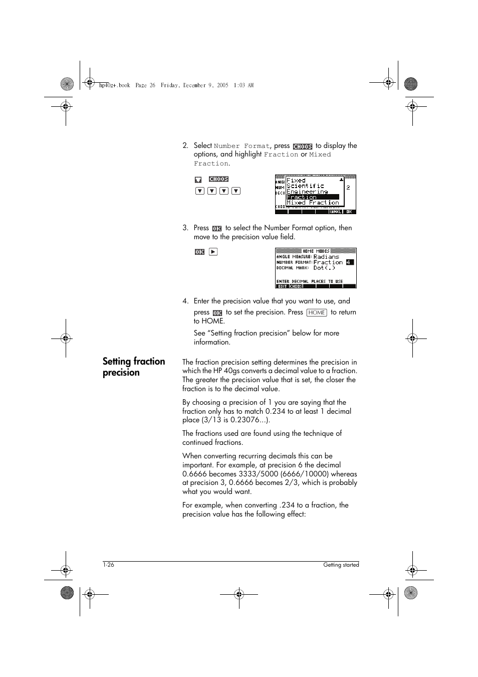 Setting fraction precision | HP 40gs User Manual | Page 38 / 444