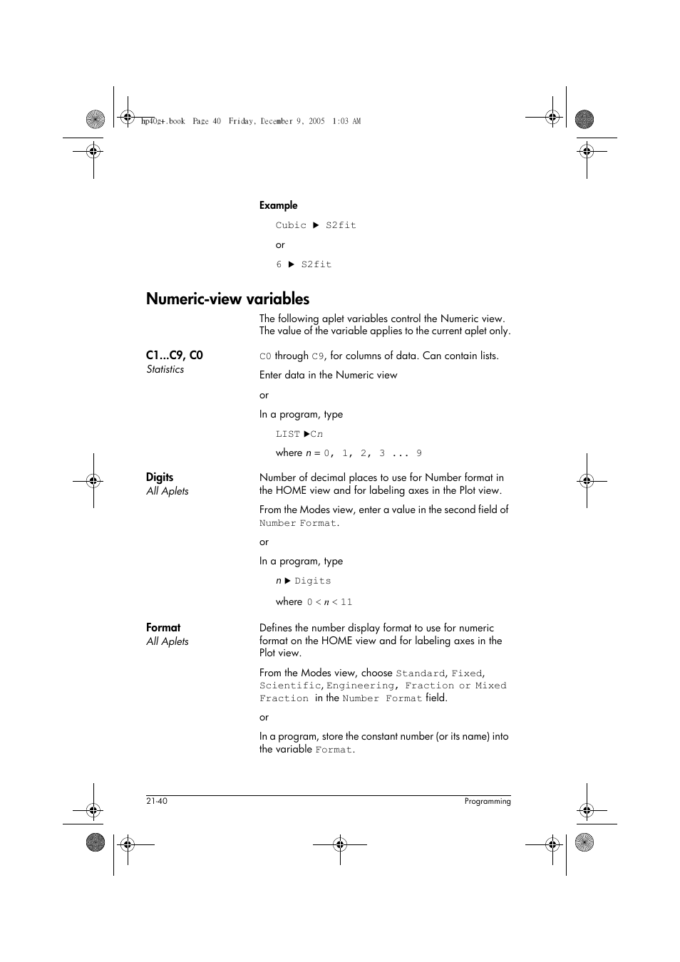 Numeric-view variables | HP 40gs User Manual | Page 388 / 444