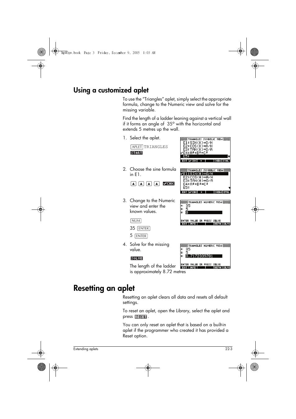 Resetting an aplet, Using a customized aplet | HP 40gs User Manual | Page 395 / 444