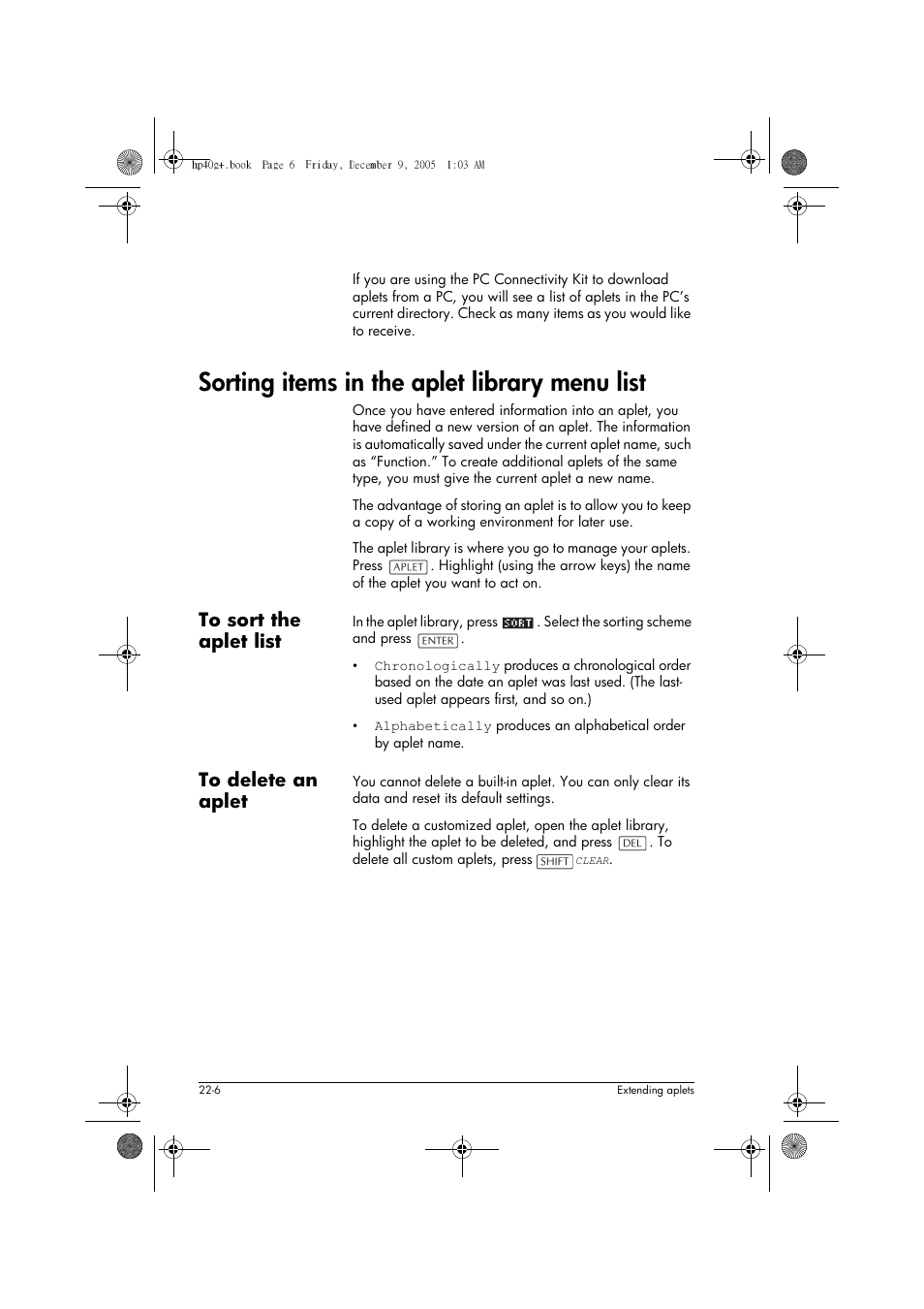 Sorting items in the aplet library menu list | HP 40gs User Manual | Page 398 / 444