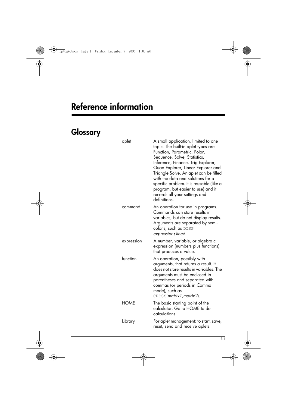 Rreference information, Glossary | HP 40gs User Manual | Page 399 / 444