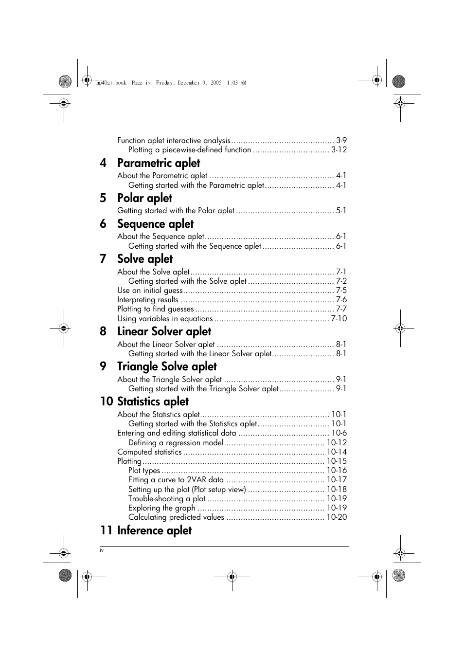 4 parametric aplet, 5 polar aplet, 6 sequence aplet | 7 solve aplet, 8 linear solver aplet, 9 triangle solve aplet, 10 statistics aplet, 11 inference aplet | HP 40gs User Manual | Page 4 / 444