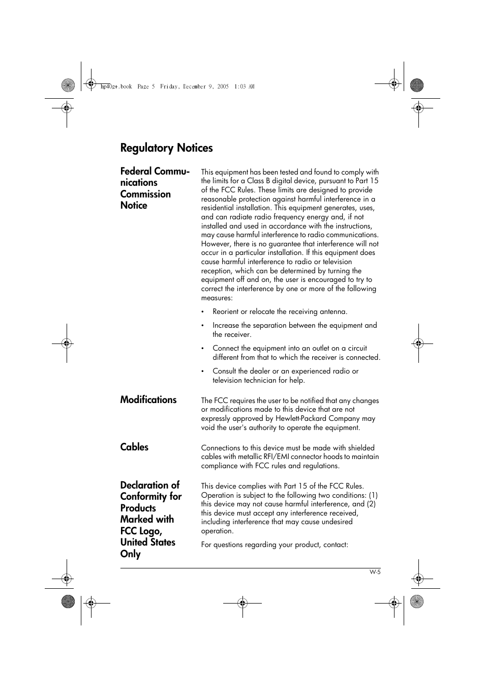 Regulatory notices, Federal commu- nications commission notice, Modifications | Cables | HP 40gs User Manual | Page 425 / 444