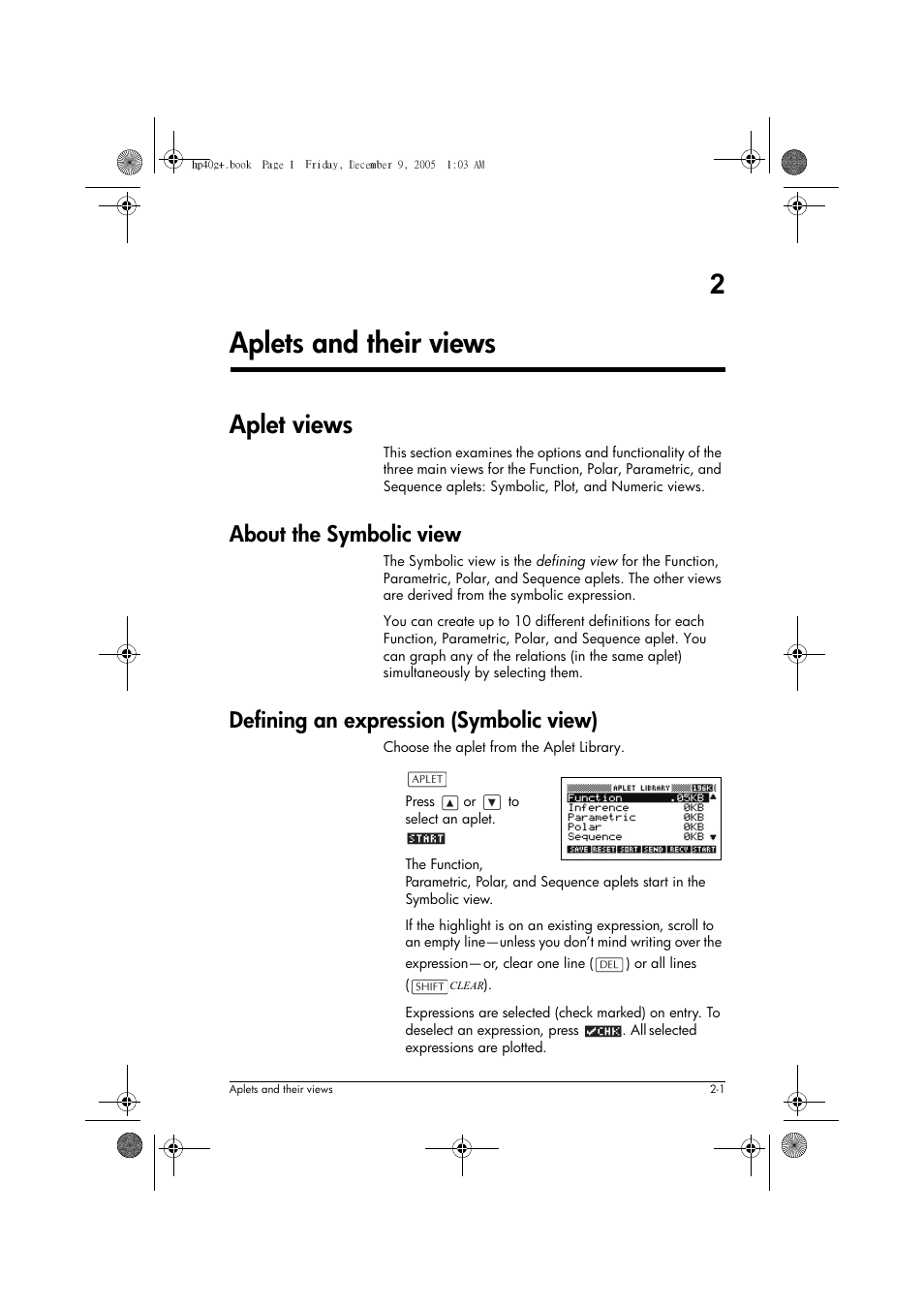 2aplets and their views, Aplet views, About the symbolic view | Defining an expression (symbolic view) | HP 40gs User Manual | Page 43 / 444