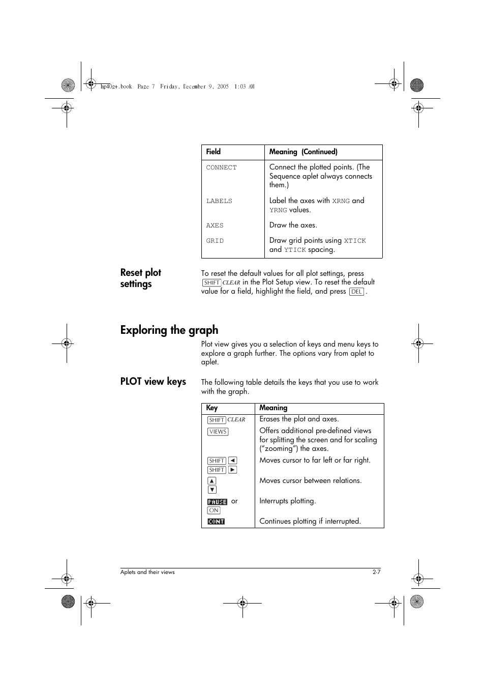 Exploring the graph, Reset plot settings, Plot view keys | HP 40gs User Manual | Page 49 / 444