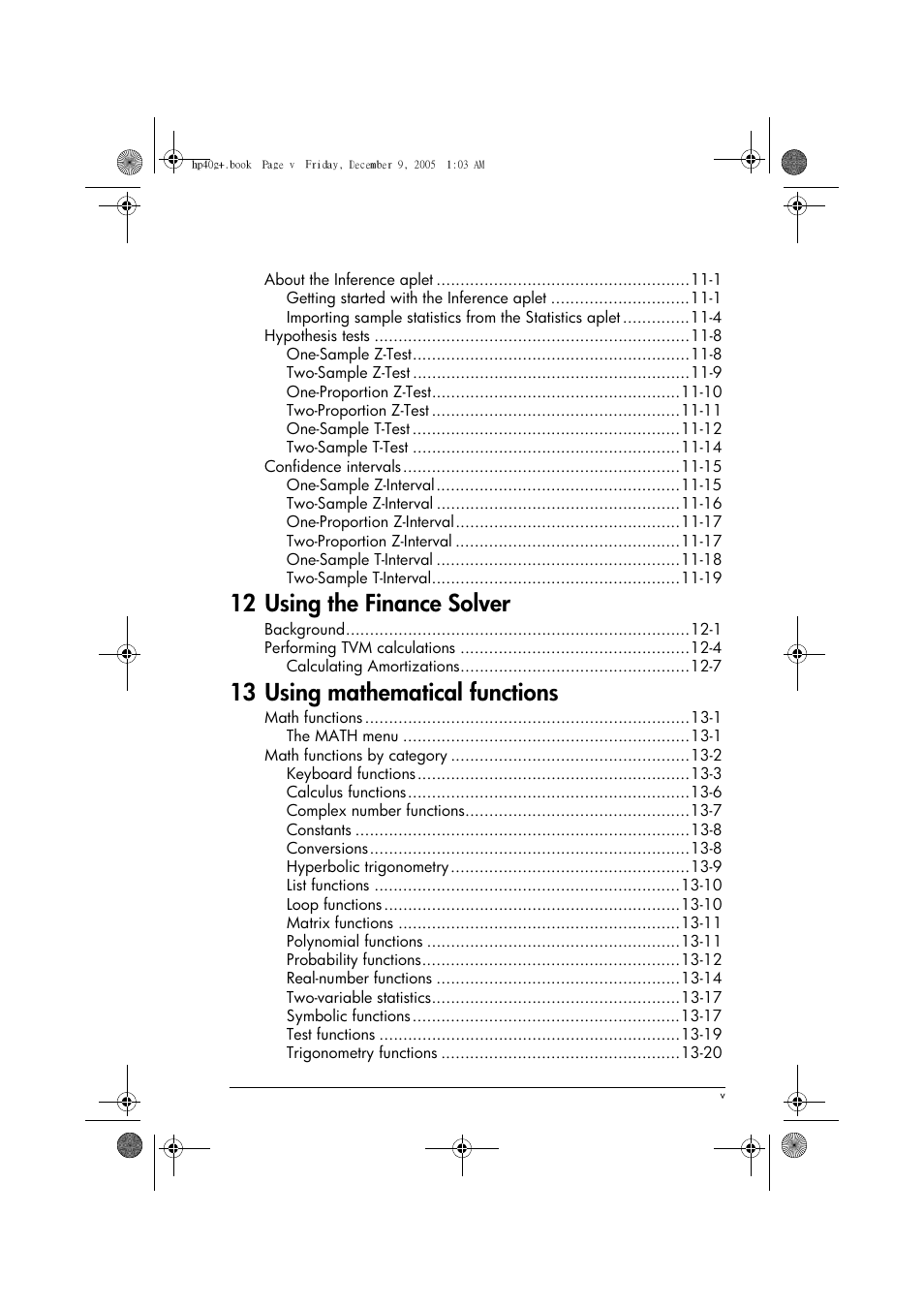 12 using the finance solver, 13 using mathematical functions | HP 40gs User Manual | Page 5 / 444