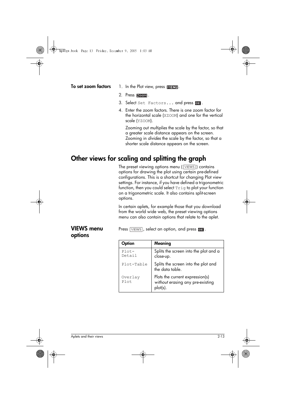 Other views for scaling and splitting the graph, Views menu options | HP 40gs User Manual | Page 55 / 444