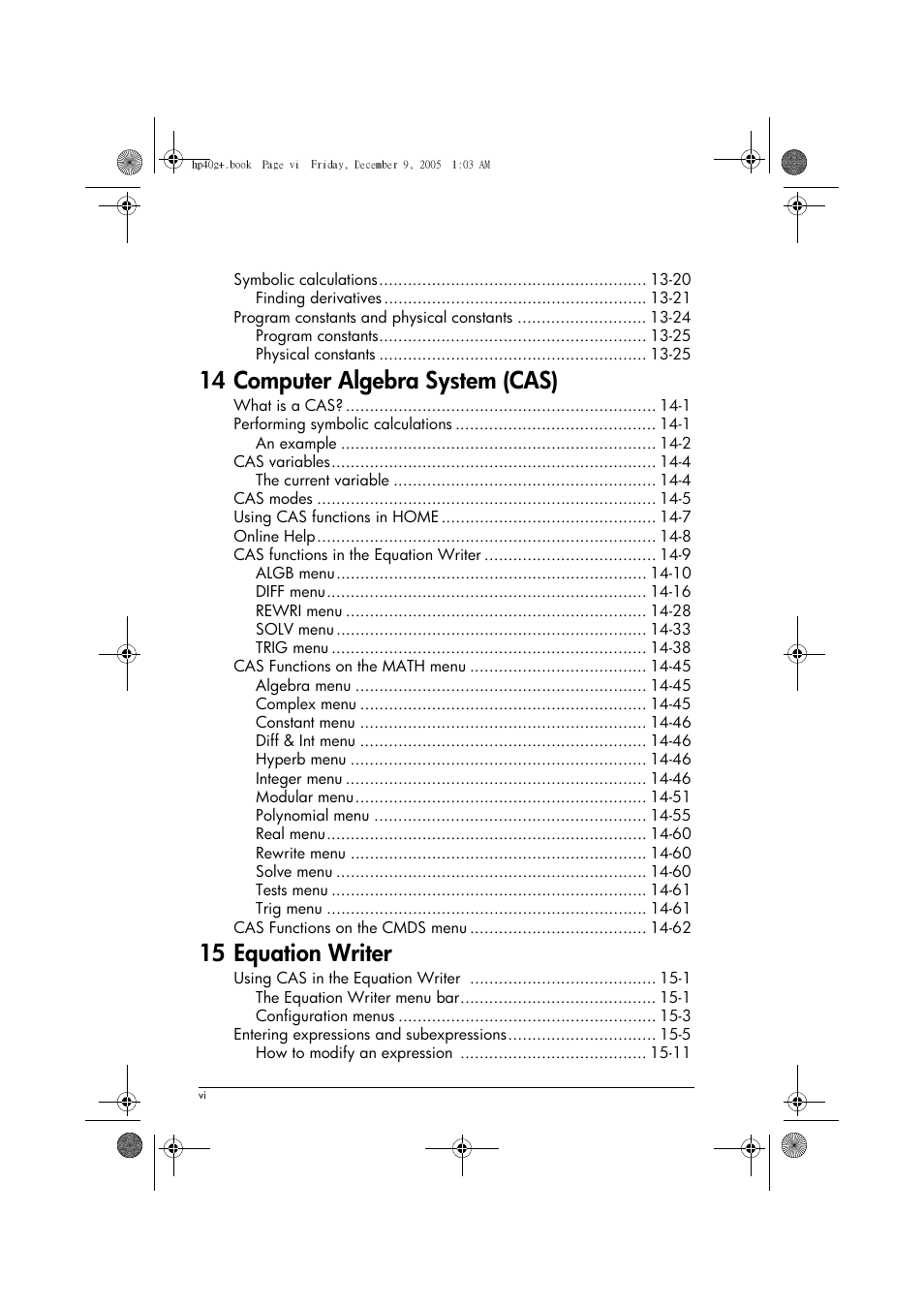 14 computer algebra system (cas), 15 equation writer | HP 40gs User Manual | Page 6 / 444