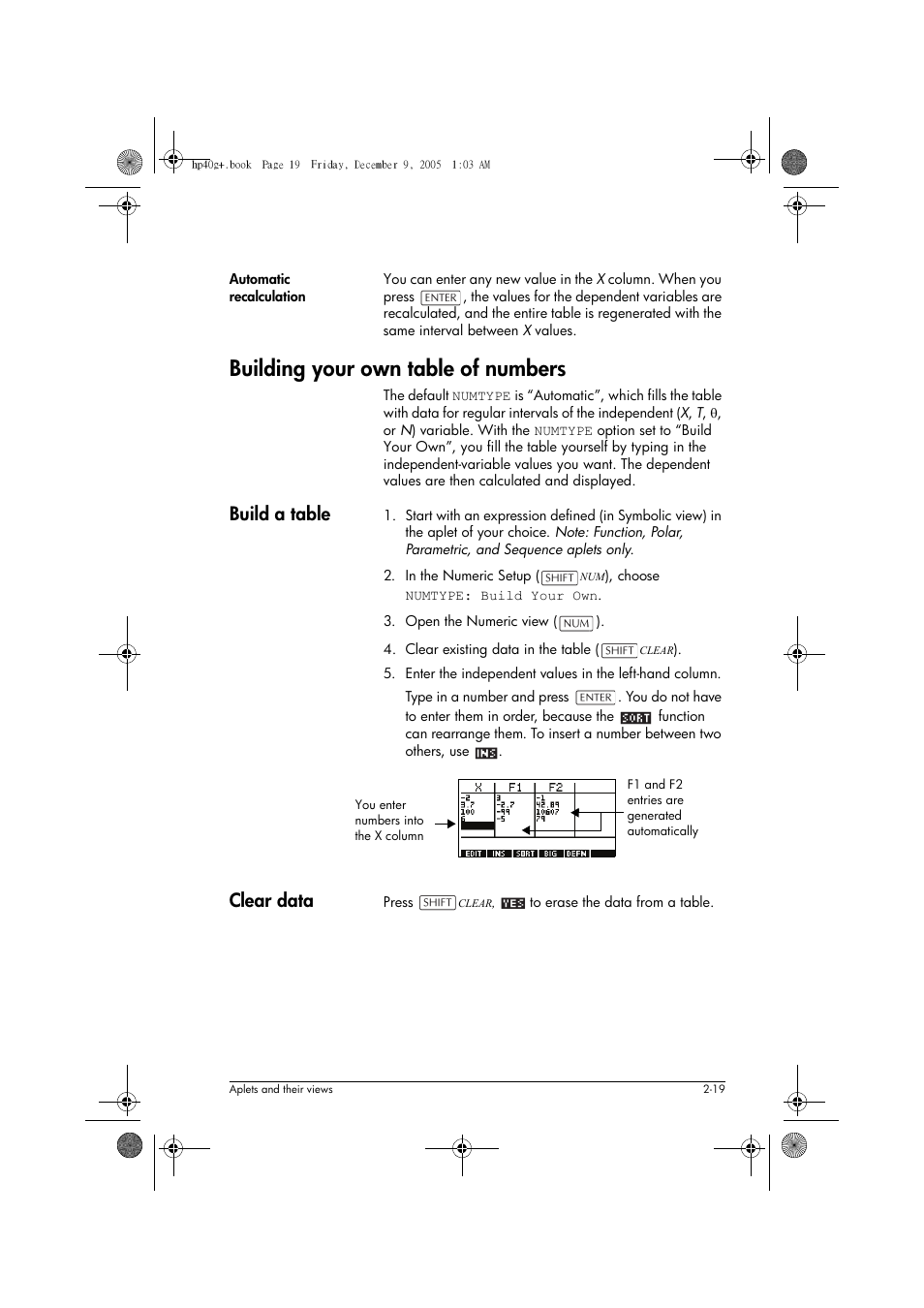 Building your own table of numbers, Build a table, Clear data | HP 40gs User Manual | Page 61 / 444