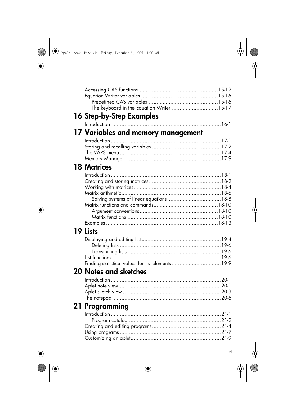 16 step-by-step examples, 18 matrices, 19 lists | 21 programming | HP 40gs User Manual | Page 7 / 444