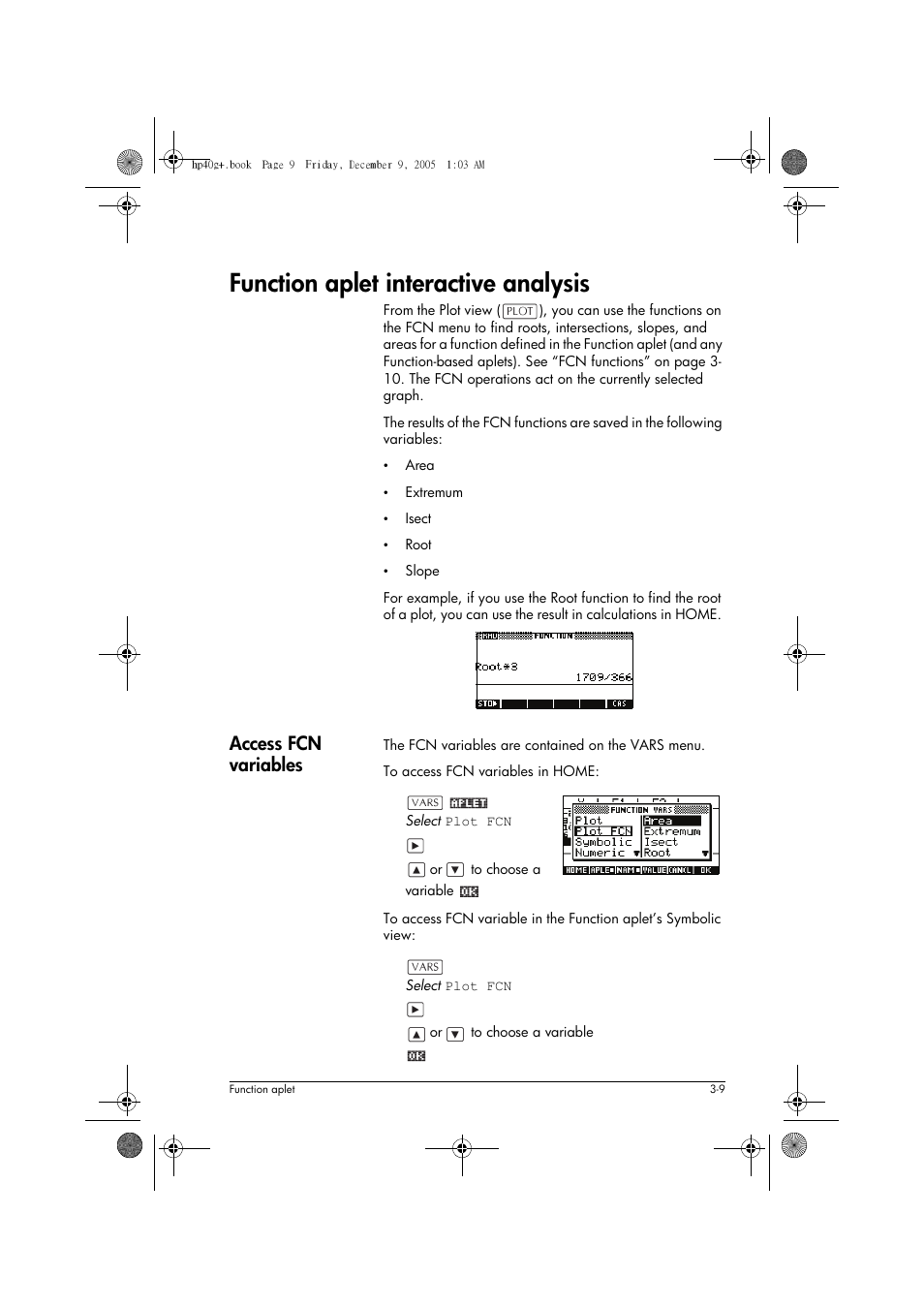 Function aplet interactive analysis, Access fcn variables | HP 40gs User Manual | Page 73 / 444