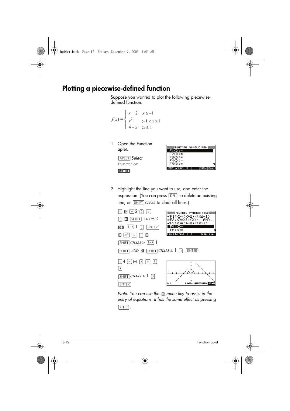 Plotting a piecewise-defined function | HP 40gs User Manual | Page 76 / 444