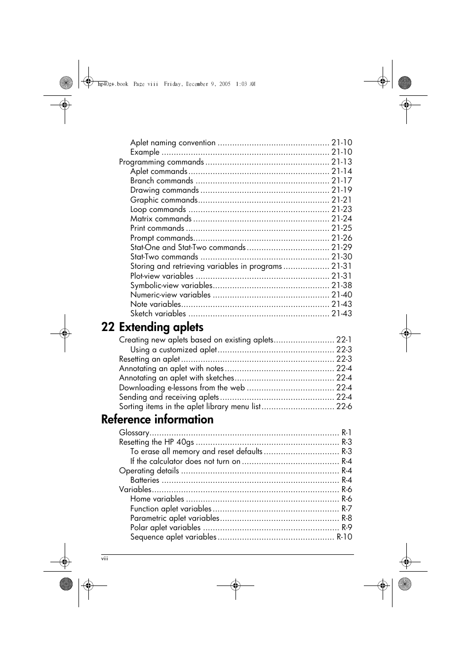 22 extending aplets, Reference information | HP 40gs User Manual | Page 8 / 444