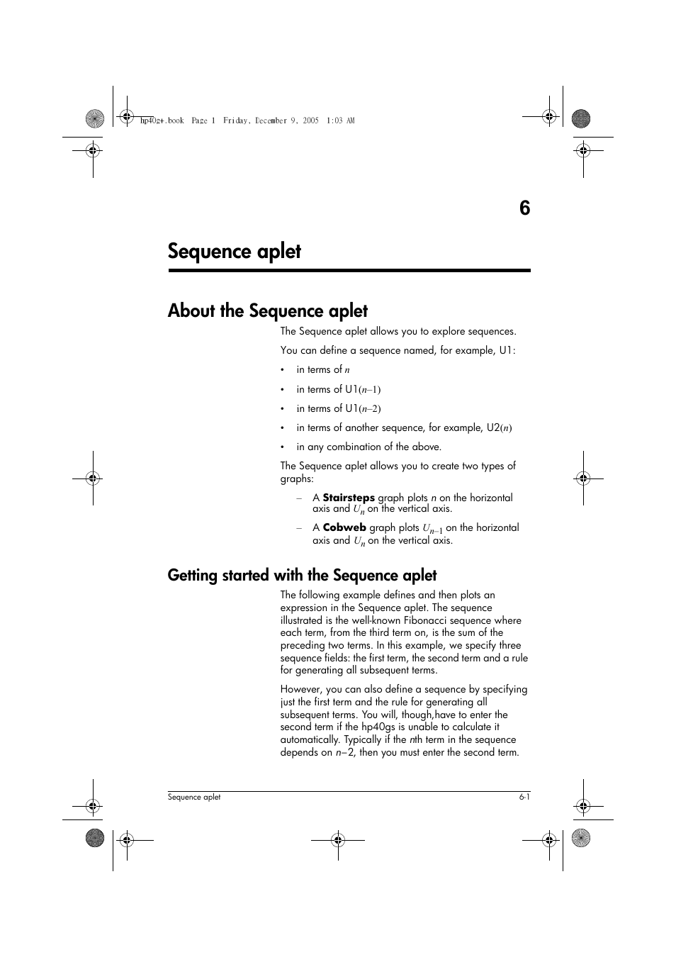 6sequence aplet, About the sequence aplet, Getting started with the sequence aplet | HP 40gs User Manual | Page 83 / 444