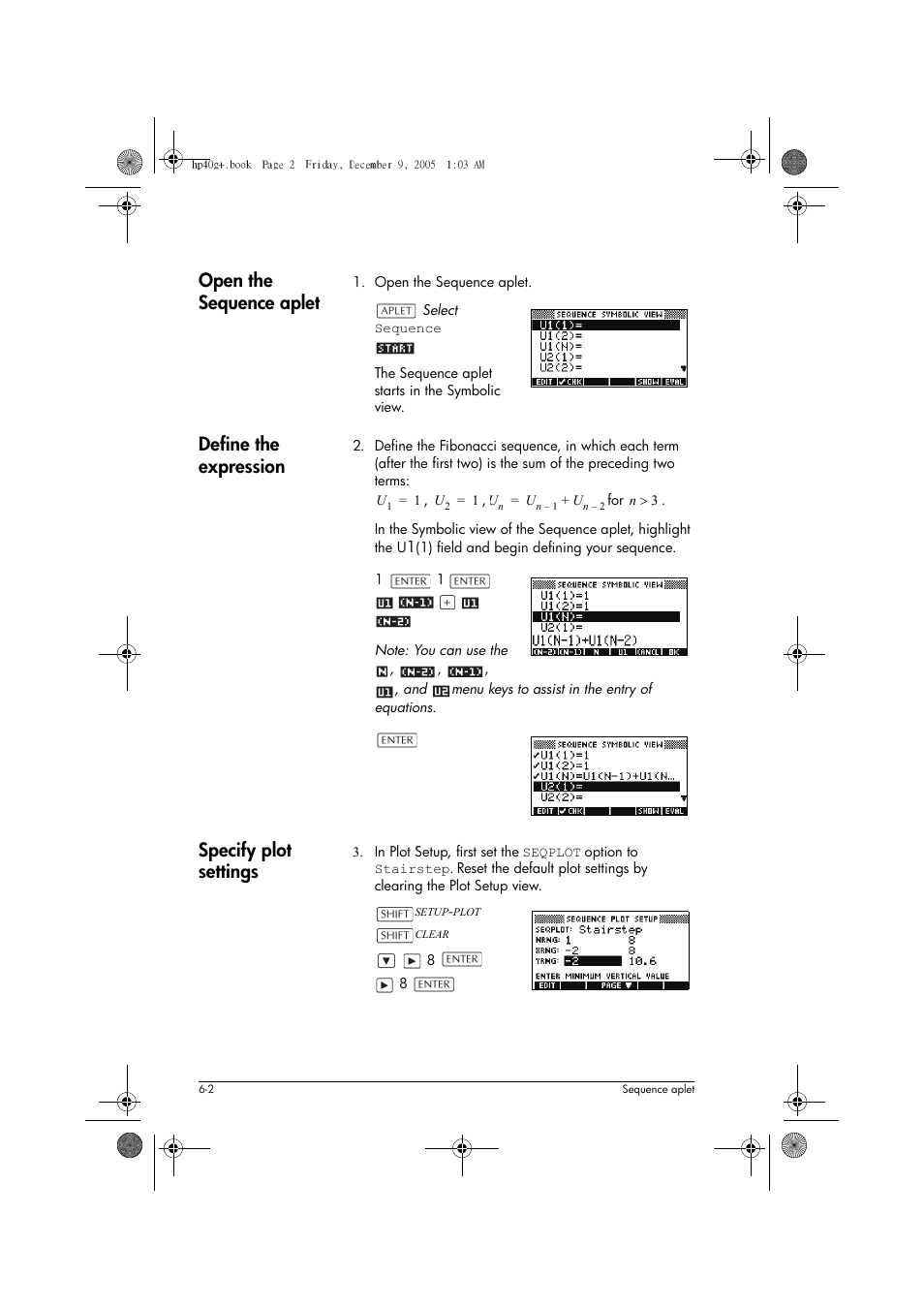Open the sequence aplet, Define the expression, Specify plot settings | HP 40gs User Manual | Page 84 / 444