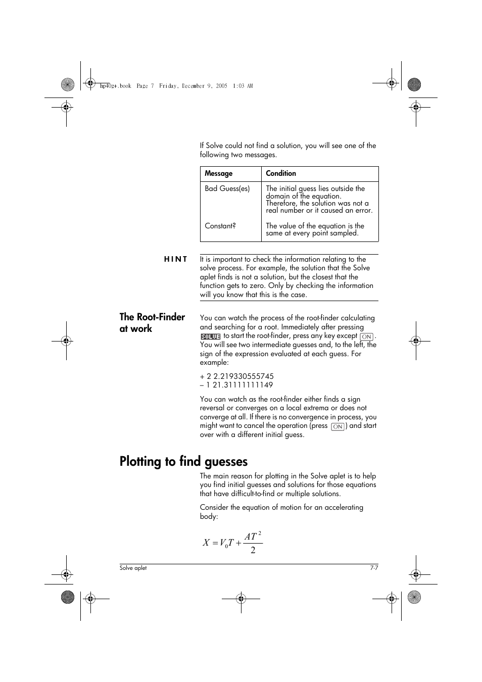 Plotting to find guesses, The root-finder at work, At t v x | HP 40gs User Manual | Page 93 / 444