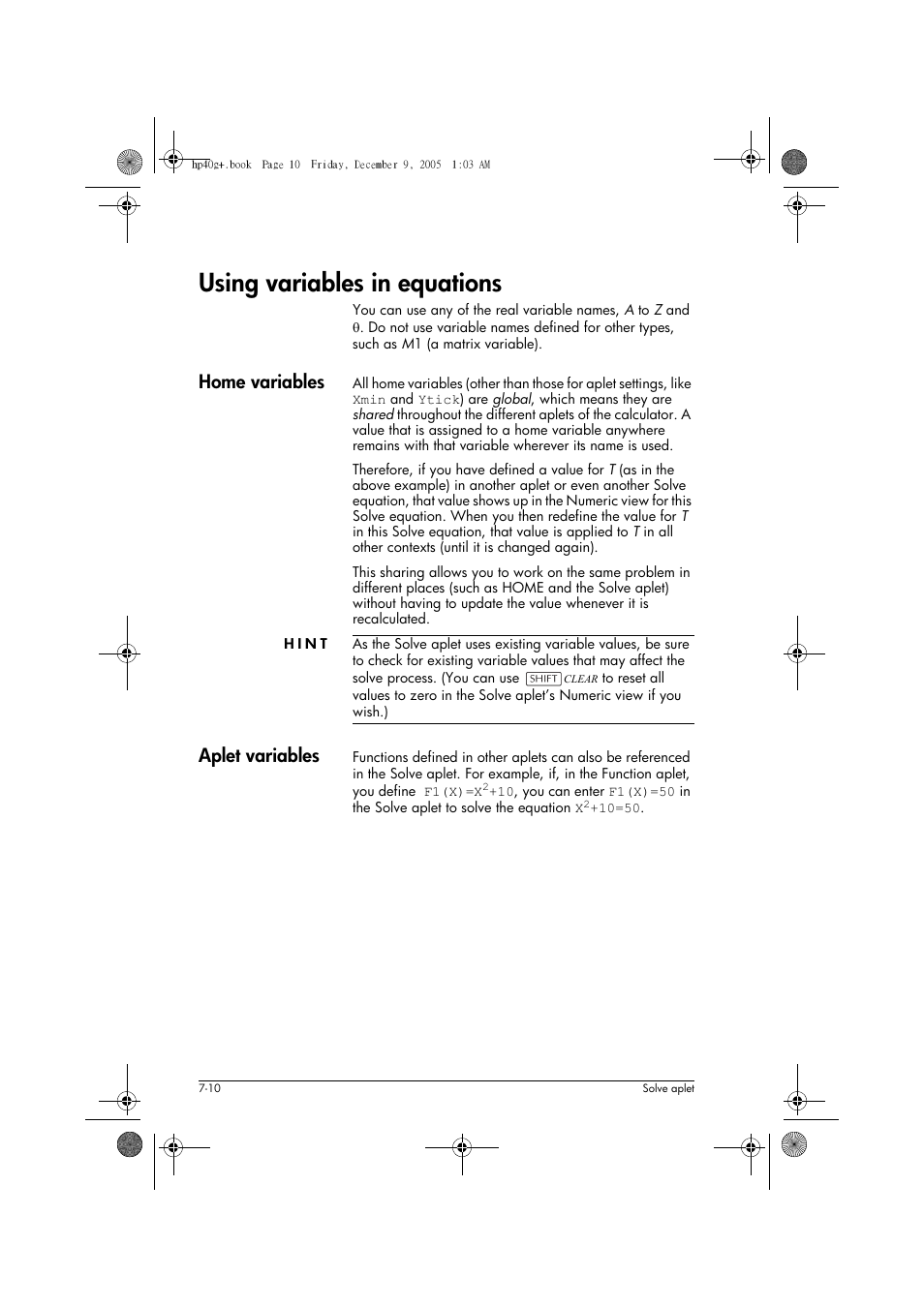 Using variables in equations, Home variables, Aplet variables | HP 40gs User Manual | Page 96 / 444