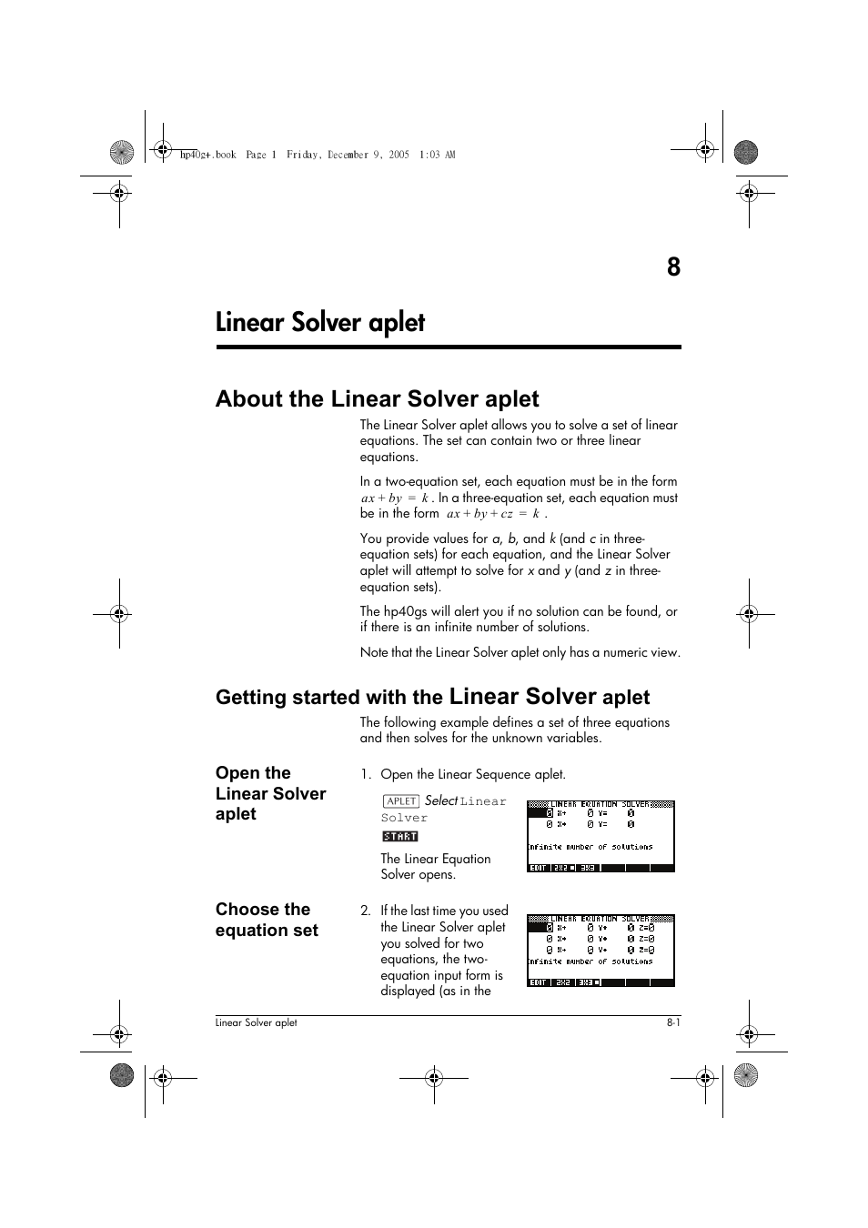 8linear solver aplet, About the linear solver aplet, Linear solver | Getting started with the, Aplet | HP 40gs User Manual | Page 97 / 444