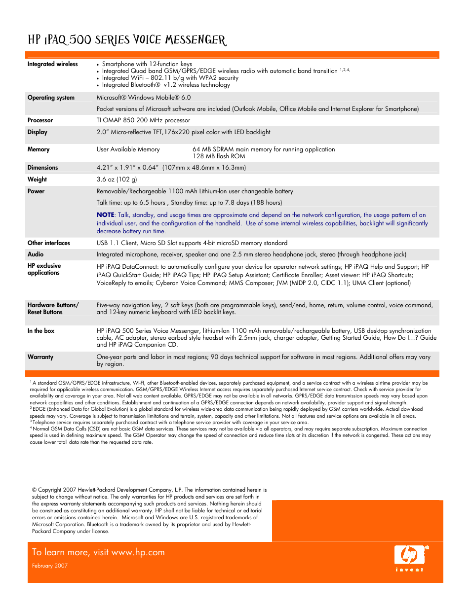 Paq 500 series voice messenger | HP IPAQ 500 User Manual | Page 2 / 2