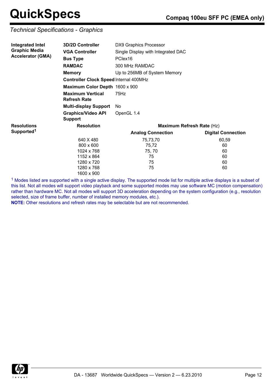 Technical specifications - graphics, Quickspecs | HP 100EU SFF PC User Manual | Page 12 / 19