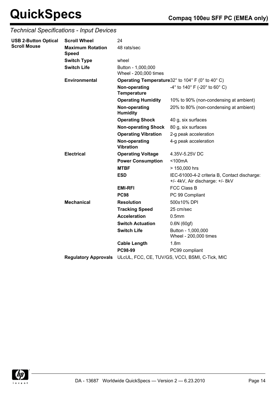 Quickspecs | HP 100EU SFF PC User Manual | Page 14 / 19