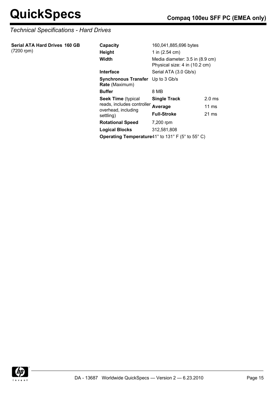 Technical specifications - hard drives, Quickspecs | HP 100EU SFF PC User Manual | Page 15 / 19