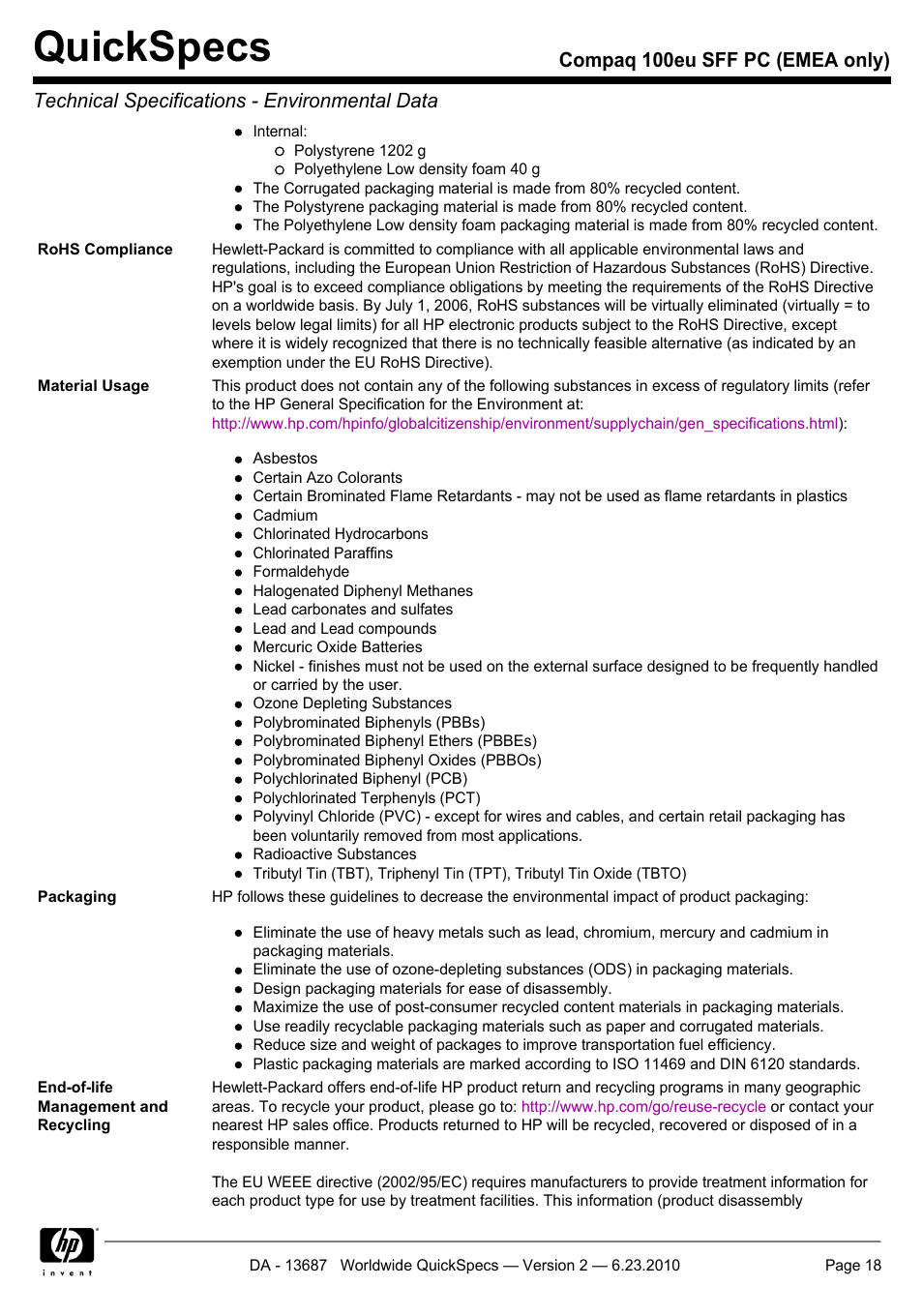 Quickspecs | HP 100EU SFF PC User Manual | Page 18 / 19