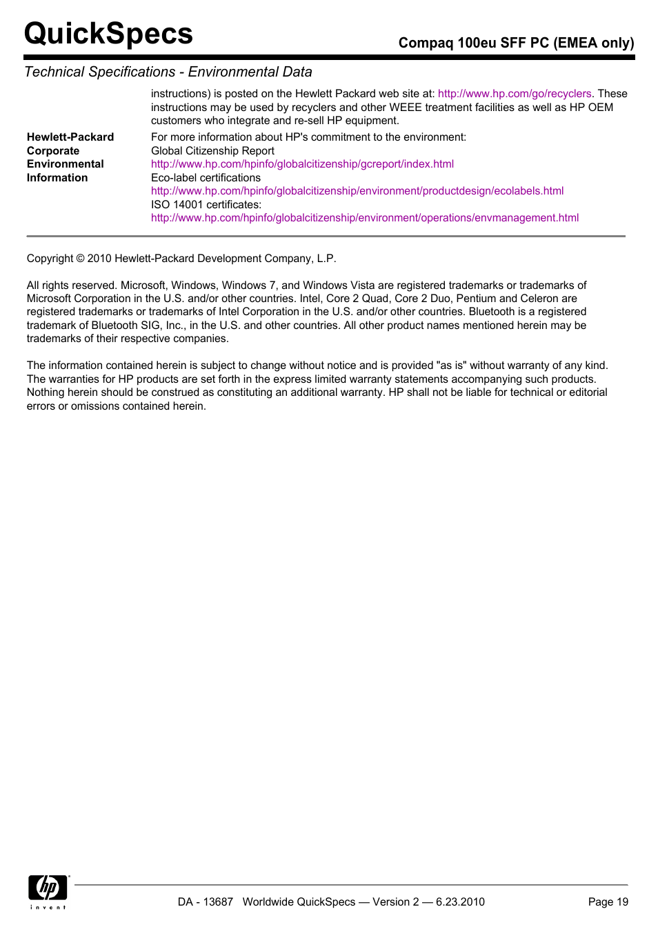Quickspecs | HP 100EU SFF PC User Manual | Page 19 / 19