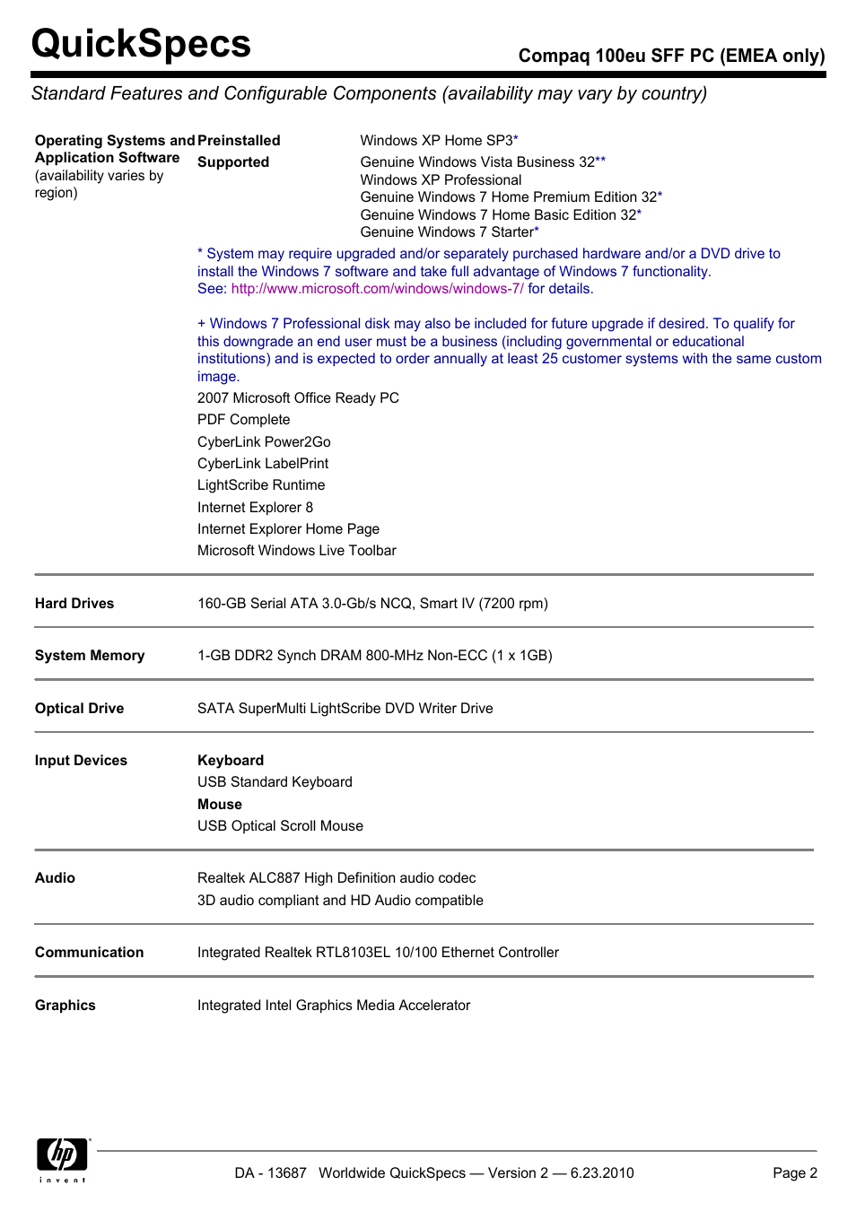 Quickspecs | HP 100EU SFF PC User Manual | Page 2 / 19