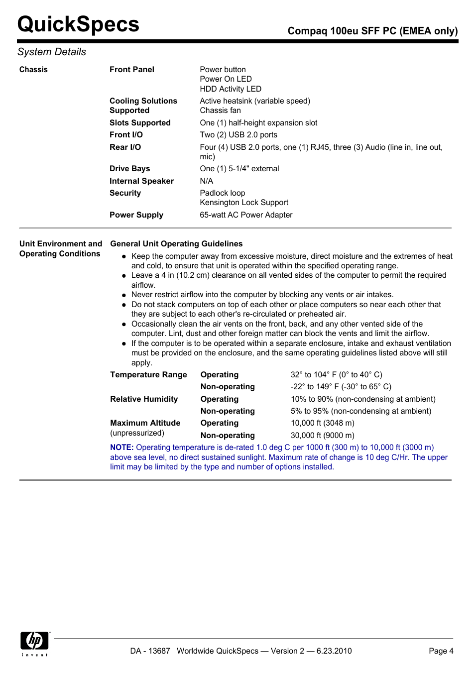 Quickspecs, Compaq 100eu sff pc (emea only) system details | HP 100EU SFF PC User Manual | Page 4 / 19