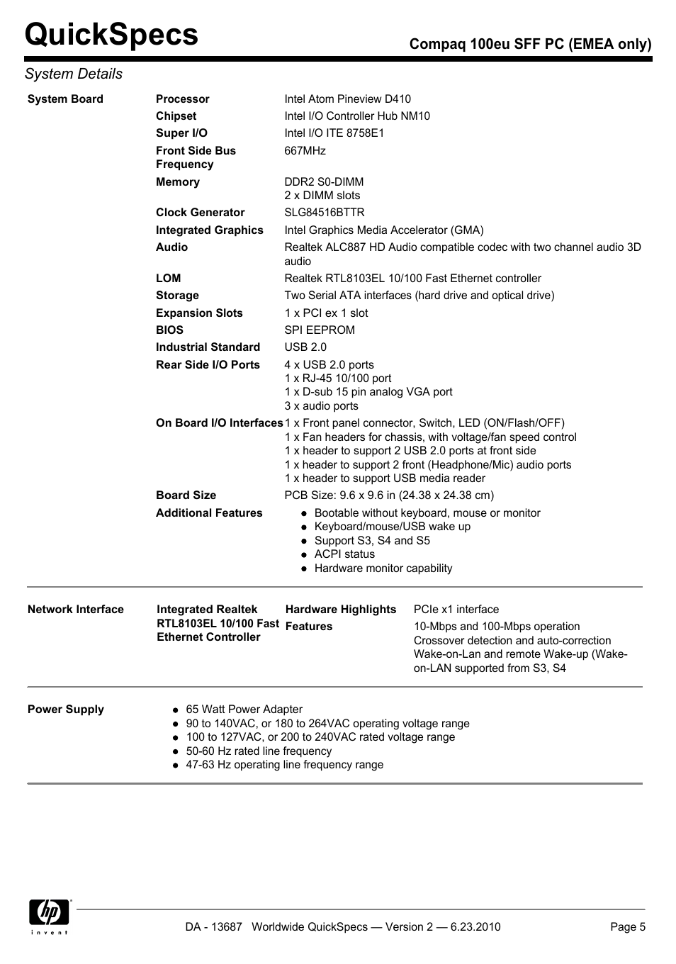 Quickspecs, Compaq 100eu sff pc (emea only) system details | HP 100EU SFF PC User Manual | Page 5 / 19