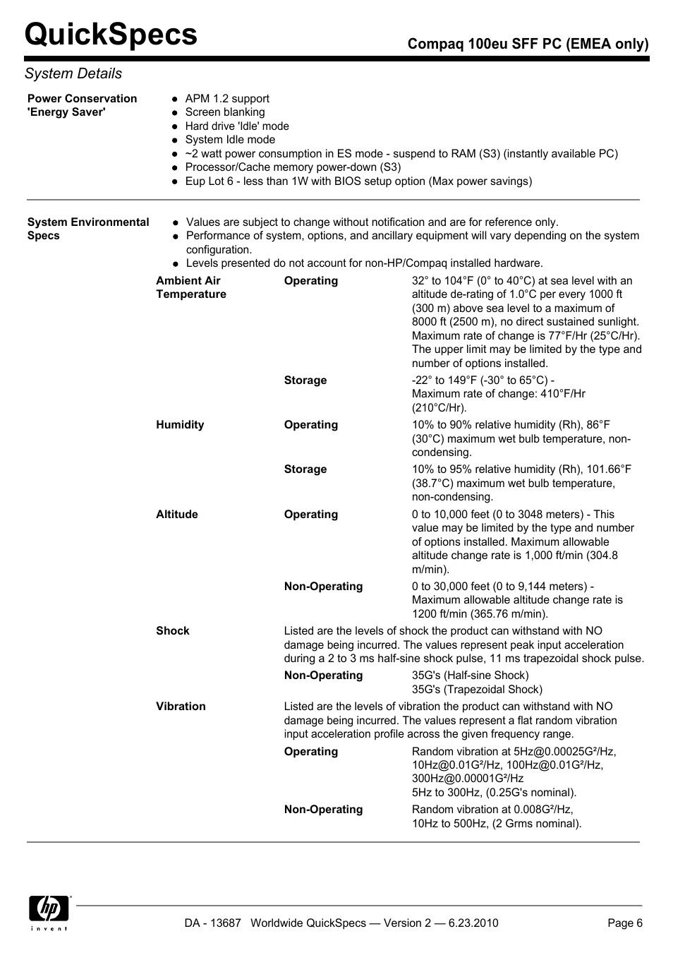 Quickspecs, Compaq 100eu sff pc (emea only) system details | HP 100EU SFF PC User Manual | Page 6 / 19