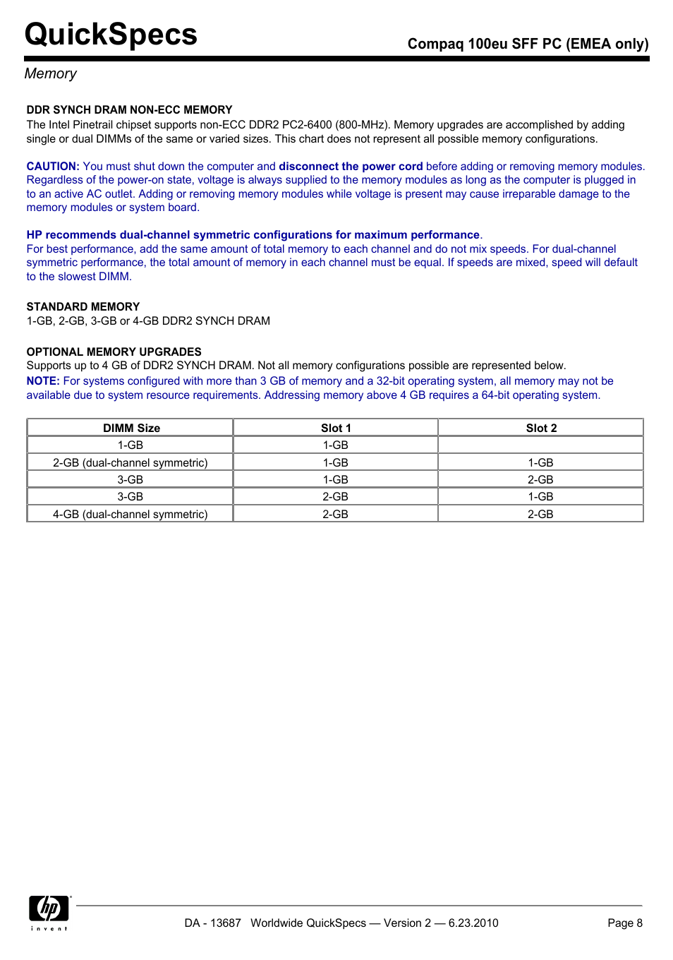 Memory, Quickspecs | HP 100EU SFF PC User Manual | Page 8 / 19