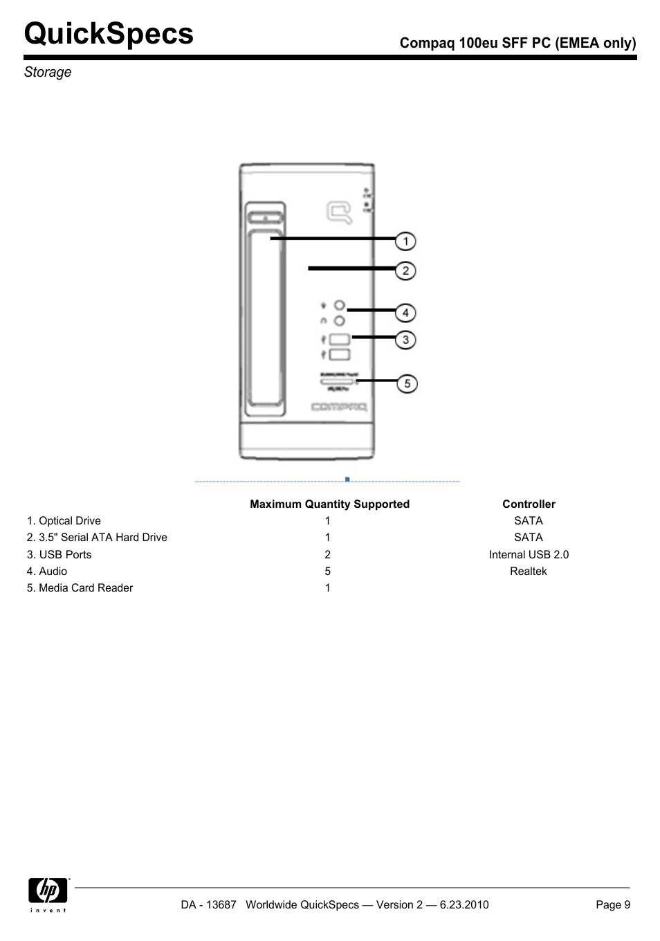 Storage, Quickspecs | HP 100EU SFF PC User Manual | Page 9 / 19