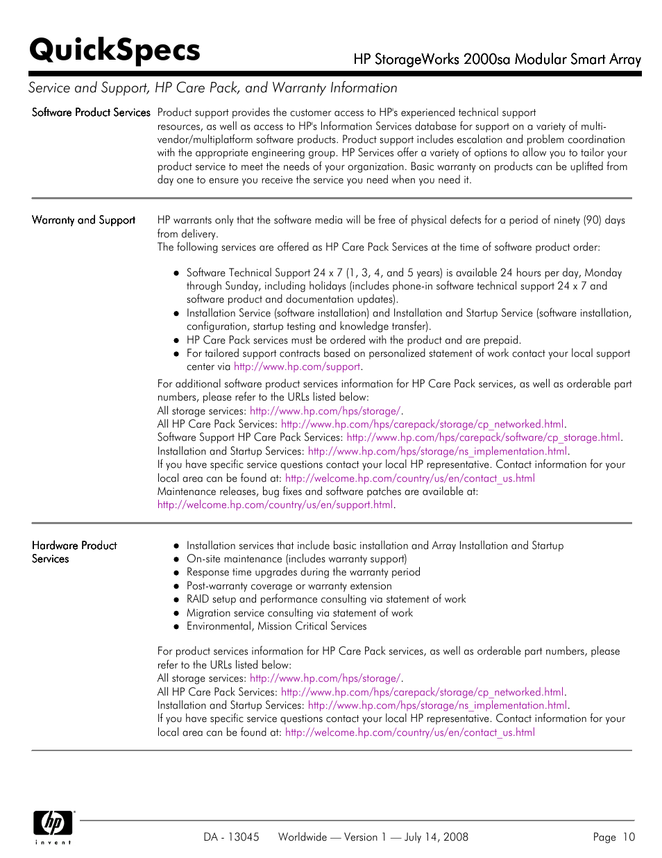 Quickspecs, Hp storageworks 2000sa modular smart array | HP 2000sa User Manual | Page 10 / 21