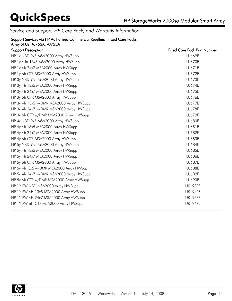 Quickspecs, Hp storageworks 2000sa modular smart array | HP 2000sa User Manual | Page 14 / 21