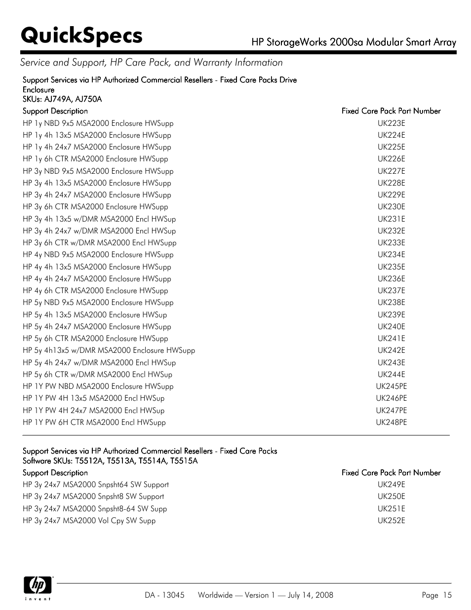 Quickspecs, Hp storageworks 2000sa modular smart array | HP 2000sa User Manual | Page 15 / 21