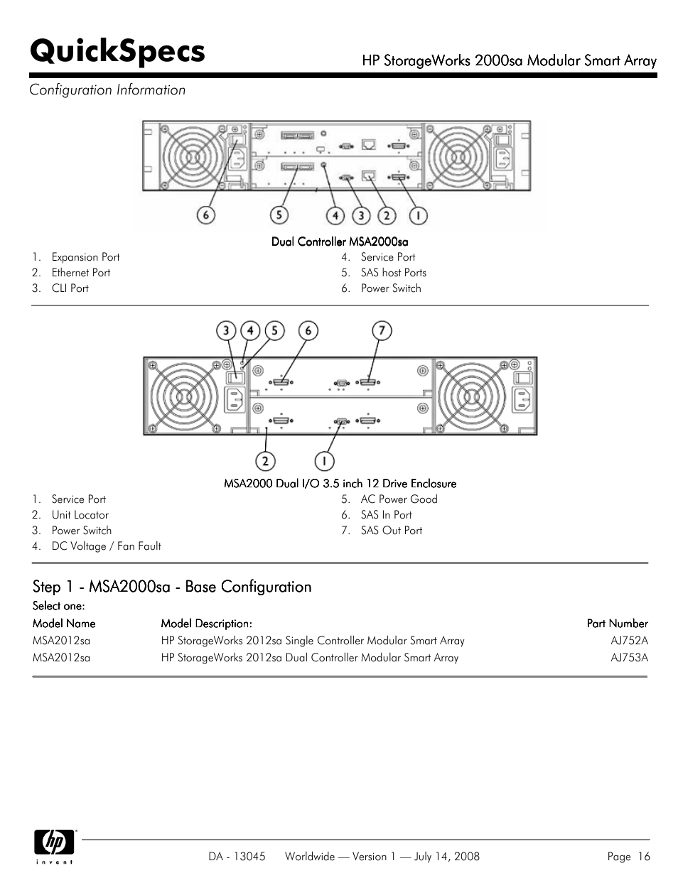 Configuration information, Quickspecs, Hp storageworks 2000sa modular smart array | HP 2000sa User Manual | Page 16 / 21