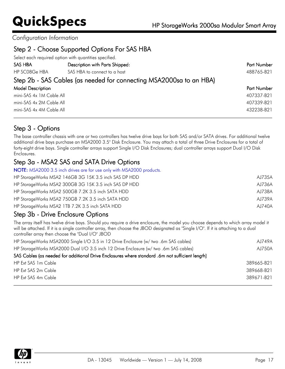 Quickspecs, Step 2 - choose supported options for sas hba, Step 3 - options | Step 3a - msa2 sas and sata drive options, Step 3b - drive enclosure options | HP 2000sa User Manual | Page 17 / 21