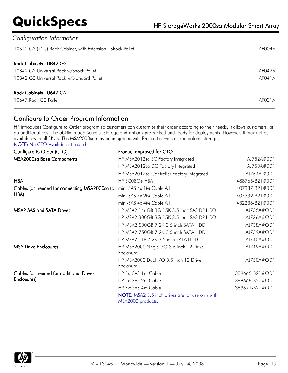 Quickspecs, Configure to order program information, Hp storageworks 2000sa modular smart array | HP 2000sa User Manual | Page 19 / 21