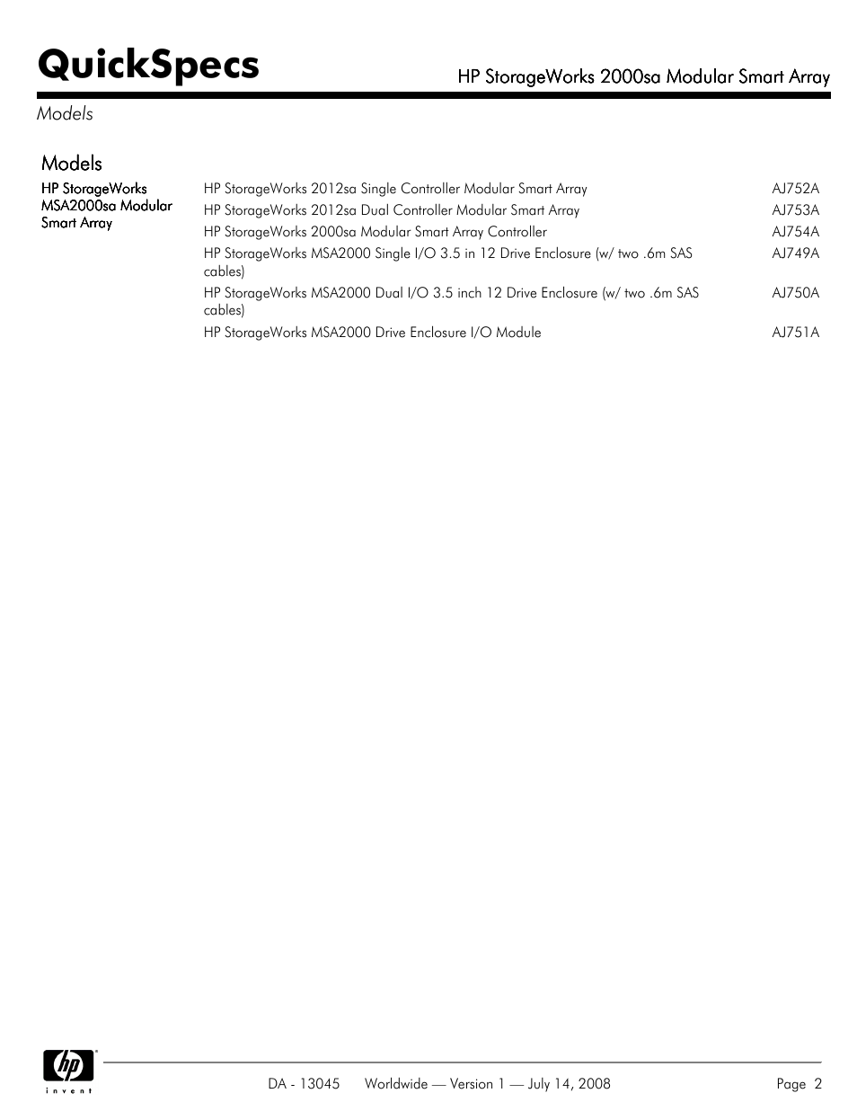Models, Quickspecs | HP 2000sa User Manual | Page 2 / 21
