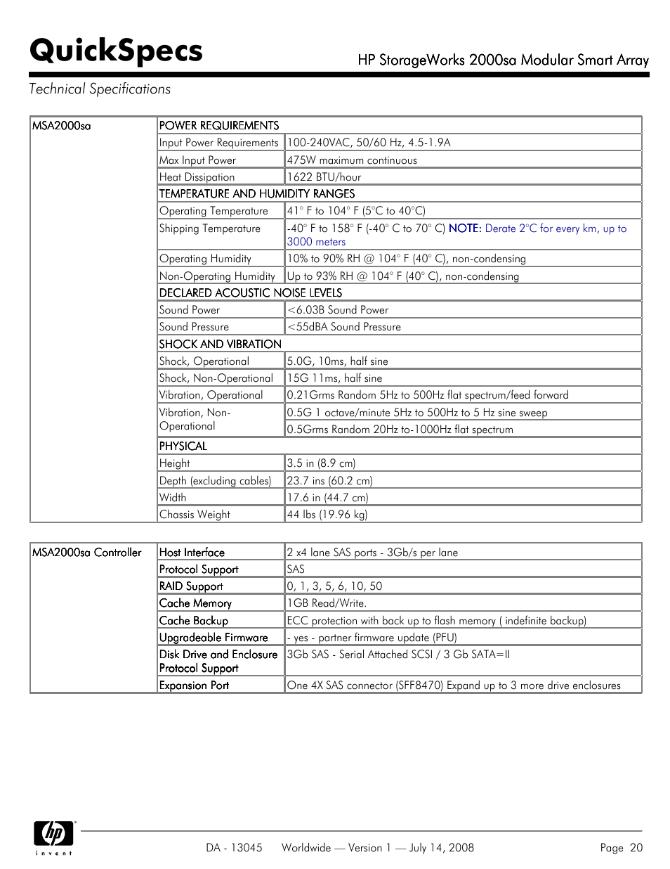 Technical specifications, Quickspecs, Hp storageworks 2000sa modular smart array | HP 2000sa User Manual | Page 20 / 21