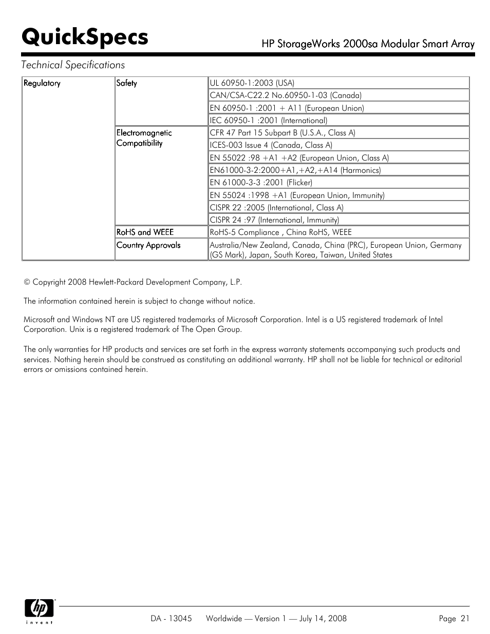Quickspecs, Hp storageworks 2000sa modular smart array | HP 2000sa User Manual | Page 21 / 21