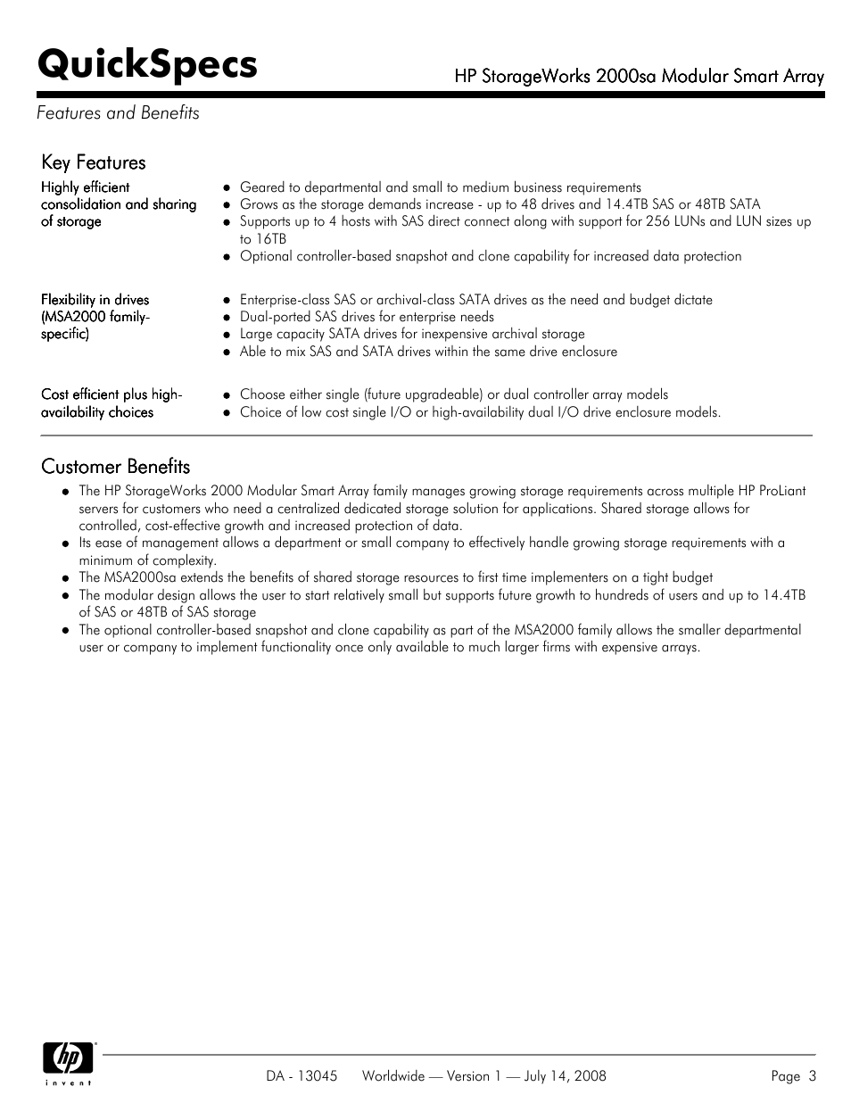 Features and benefits, Quickspecs, Key features | Customer benefits | HP 2000sa User Manual | Page 3 / 21