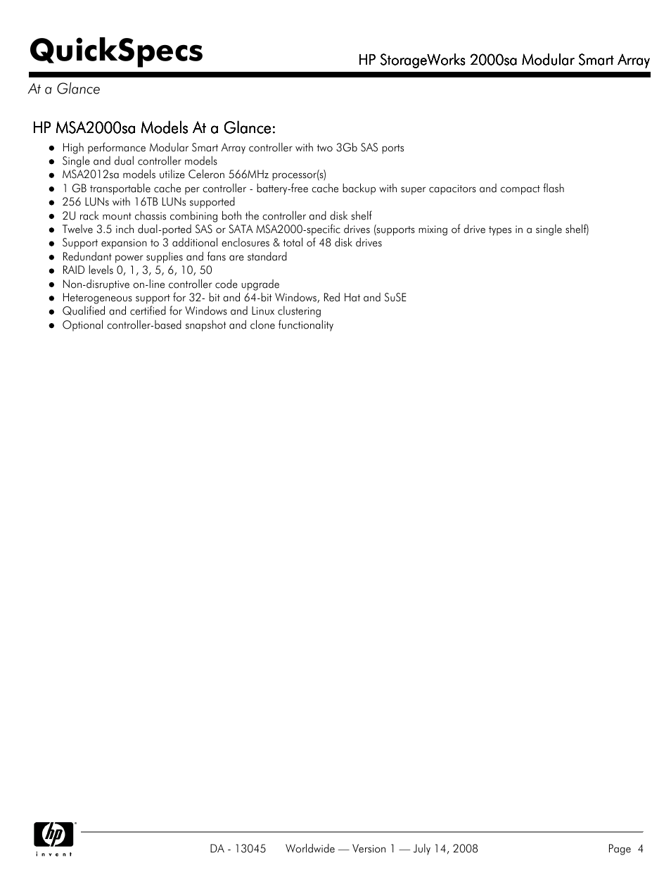 At a glance, Quickspecs | HP 2000sa User Manual | Page 4 / 21